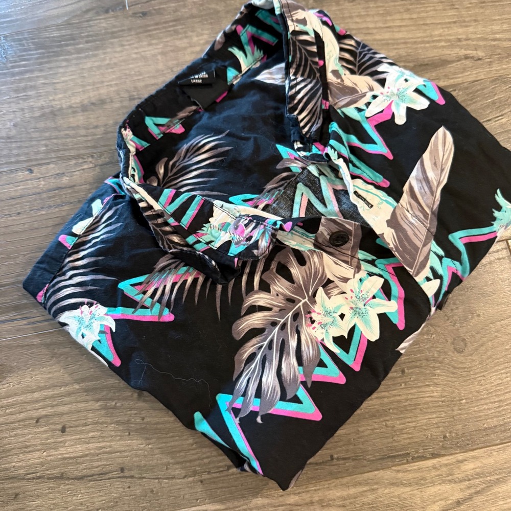 Neff Large Neon Tropical Bird Floral Button Down Shirt Black Pink Teal N003MSBXX